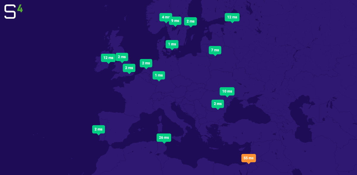 Map of Europe with DNS response times